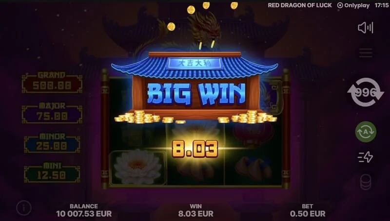 Red Dragon of Luck — galvenais ekrāns ar 3x3 režģi un sarkanu pūķi